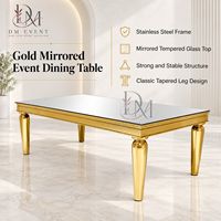 Table de salle à manger rectangulaire haut de gamme en acier inoxydable avec plateau miroir et pieds ronds effilés pour événements et banquets