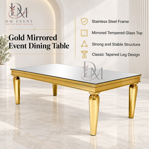 Mesa de Comedor Rectangular de Acero Inoxidable de Primera Calidad con Tapa de Espejo y Patas Redondas Cónicas para Banquetes de Boda - Product Image 1