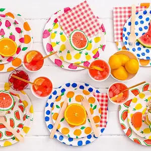 Pineapple Watermelon Strawberry Lemon Cups Plates Cake Toppers Summer Fruit Party Disposable Dinnerware Set