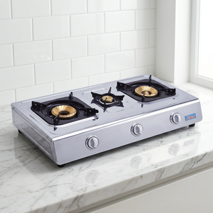 Table de cuisson à gaz 3 brûleurs (2 grands, 1 petit) en acier inoxydable, allumage électrique, commande par bouton, portable, sans prise - Product Image 2