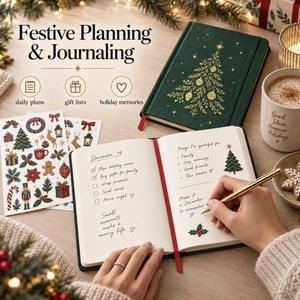 Christmas Journal <b>Notebook</b> with Sticker Sheets and Gold Pen Gift <b>Set</b> Hardcover Fabric Cover A5 Size Decorative Tree Design - Product Image 2