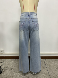 Jeans Rectos Casuales de Mezclilla con Bolsillos y Bordado de Lazo, con Logotipo en la Cintura, para Mujer, los Más Vendidos - Product Image 6