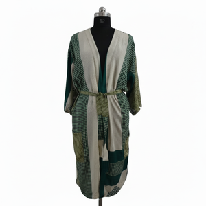 Green Colour Vintage Sleepwear Floral Kimono Indian Handmade Up-cycled Maxi Gown Silk Saree Dress Style Knee Length Bathrobe - Product Image 1