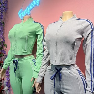 Completo Donna Autunno 2025, Tuta Casual in Velluto, <span class=keywords><strong>Top</strong></span> Corto <span class=keywords><strong>a</strong></span> Righe con Zip <span class=keywords><strong>a</strong></span> <span class=keywords><strong>Maniche</strong></span> <span class=keywords><strong>Lunghe</strong></span> e Pantaloni <span class=keywords><strong>a</strong></span> Zampa - Product Image 4