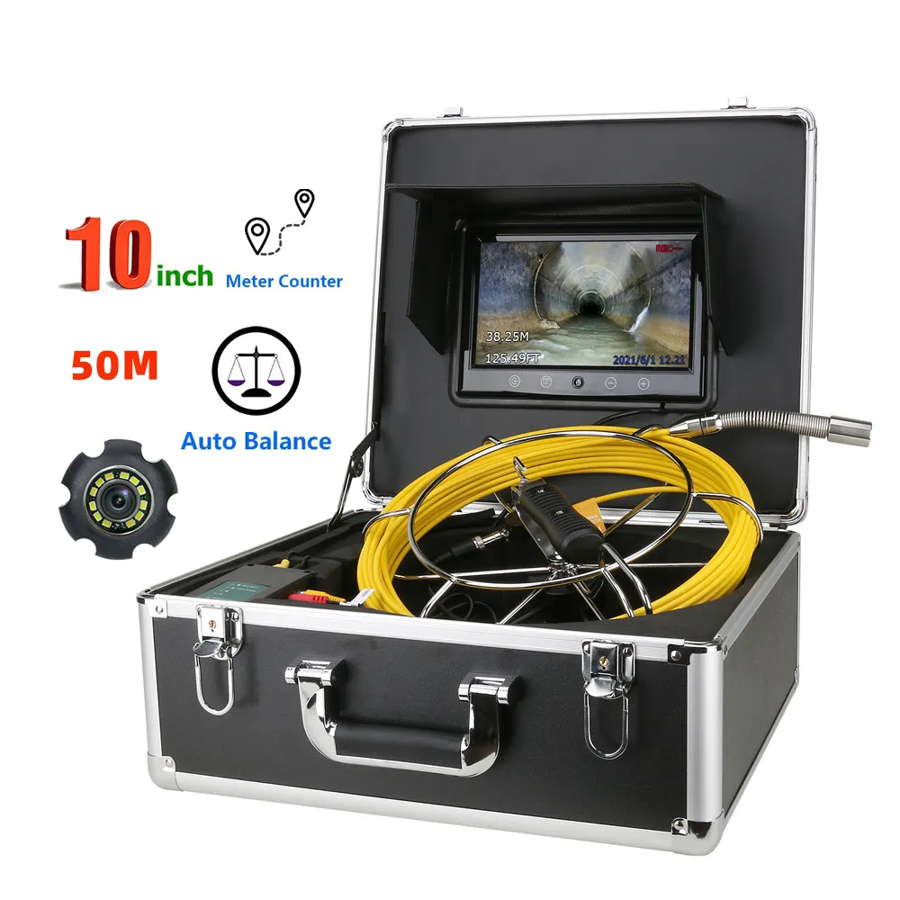 Industrial Endoscope Camera Auto Self Leveling 512hz Locator Sonde Camera Pipe Inspection Camera Drain Sewer Meter Counter Camera 10 Inch Monitor Long for Pipeline Inspection