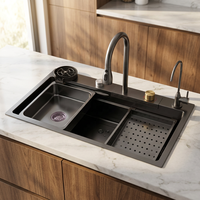 Évier de cuisine moderne noir en acier inoxydable 304 multifonctionnel avec cascade, style ferme, à cuve unique