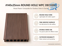 Plancher de terrasse WPC contemporain 140x25mm à trous creux, double face, bois-plastique, 24 rainures fines, 7 rainures larges, antidérapant