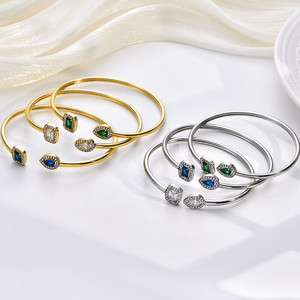 Brazaletes Personalizables de Acero Inoxidable Chapados en Oro Vintage de 18K con Piedras de Circonio, Brazalete Abierto Impermeable, Joyería Unisex para Regalo - Product Image 6