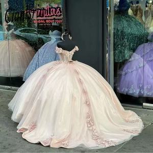Pink Off Shoulder Ball Gown Chiffon <b>Dress</b> Floral Print Empire Waistline <b>Prom</b> <b>Dress</b> - Product Image 2