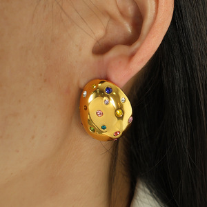 Oval <b>Stud</b> Earrings Gold Colored Stones Bezel Setting Party Jewelry Geometric Design <b>Titanium</b> Steel Hypoallergenic - Product Image 4
