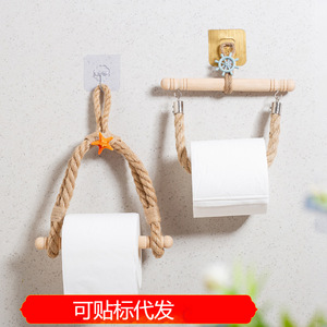 Portarrollos de papel higiénico de madera estilo mediterráneo, sin taladro, tipo gancho, estante de almacenamiento para baño - Product Image 5