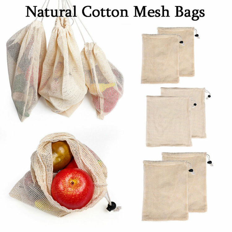 Recycled drawstring organic cotton net mesh reusable produce bags for fruit vegetable