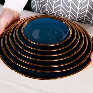 placa brillante vajilla Suppliers-Plato redondo de cerámica personalizado para restaurante y hogar, plato de cena de lujo azul brillante con borde dorado