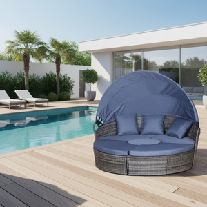 <span class=keywords><strong>Lit</strong></span> de Jour <span class=keywords><strong>Extérieur</strong></span> Rond en Rotin Toutes Saisons avec Auvent – Mobilier de Piscine Économique en Osier pour Hôtels, Cours et Villas - Product Image 4