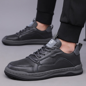 Chaussures décontractées en cuir pour hommes, bout rond, lacets, semelle plate en caoutchouc, toutes saisons, chaussures de marche - Product Image 4