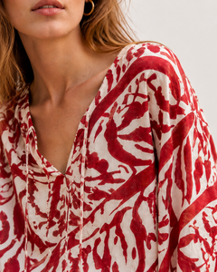 Chemisier ample <span class=keywords><strong>pour</strong></span> femme en 100% Ramie, imprimé abstrait rouge, col en V, manches ballon, style bohème décontracté, hauts d'été - Product Image 4