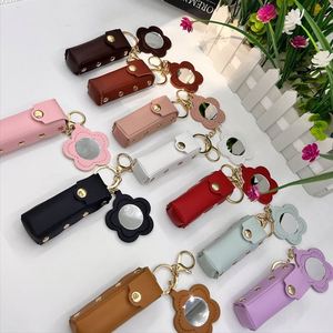 New Stylish Pu Leather Lipstick <b>Key</b> Chain With Mirror Portable Chapstick Sleeve Makeup Bag Soft Lip-Balm Holder - Product Image 5