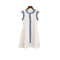 Robe Courte Tricotée Sans Manches Style Décontracté pour Femme, Coupe Ajustée, Boutonnage Simple, Patchwork Denim, Taille Naturelle, Tissée