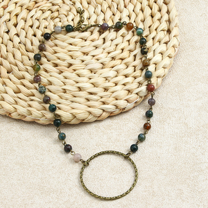 Nueva joyería personalizada Retro étnica para mujer, cadena de <span class=keywords><strong>Rosario</strong></span> de piedra Natural, anillo grande, collar gargantilla corta con abalorio circular de bronce antiguo - Product Image 5