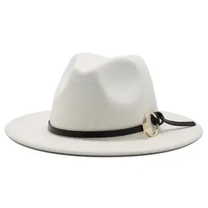 หมวกปีกเรียบสไตล์ปานามาผู้ชายผู้หญิง,55-58ซม. หมวกขนสัตว์ผ้าสักหลาดหมวกแจ๊สหมวกอย่างเป็นทางการยุโรปหมวกปีกกว้างสีขาวหมวกปาร์ตี้