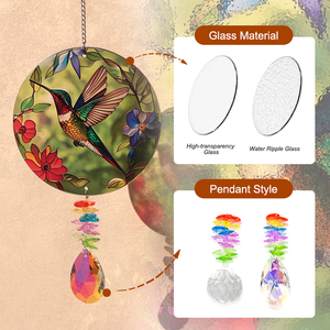 Acchiappasole in Vetro Colorato Art Déco con Design a Colibrì e Gocce di Cristallo - Elegante Ornamento Sospeso per Casa e Giardino - Product Image 2