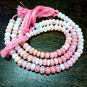 ลูกปัดโอปอลสีชมพูธรรมชาติทรงรอนเดลล์เรียบขนาด 7-9 มม. ความยาว 8 นิ้ว - Product Image 1