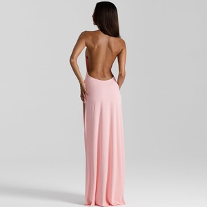 Robe longue asymétrique sexy sans manches pour femme, col halter plongeant, dos nu froncé, idéale pour les soirées - Product Image 3