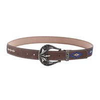 Ceinture pour femmes, ceintures western, ceintures vintage, ceintures pour femmes en cuir marron avec broderie aztèque bleue, boucle en argent ornée, accessoire de taille rétro