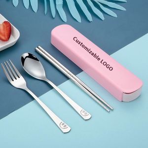 Juego de Cubiertos Portátil de Acero Inoxidable de Tres Piezas para Estudiantes, Uso en Exteriores, Incluye Cuchara, Tenedor y Palillos - para Compañía - Product Image 5