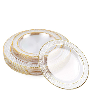 10.5 Disposable Fancy White Plastic Dinner Plates Gold Rim