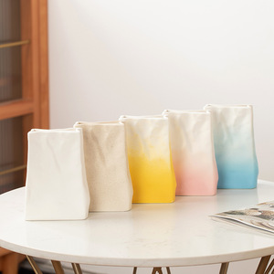 Nordic Simple Paper Bag Fold Wrinkled Gradient Color Ceramic Vase for Living Room Dried Fresh Flower Display - Product Image 3