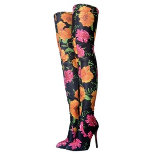 Colorful Floral Women Thigh <b>High</b> Boots Stretch Upper Pull on Ladies Over <b>Knee</b> Boots Stiletto Long Pumps Shoes Size 47 - Product Image 5