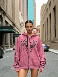 Sweat à capuche vintage en coton tricoté délavé à l'acide de haute qualité, imprimé sur mesure, à <span class=keywords><strong>épaule</strong></span>s tombantes, surdimensionné, zippé, effet vieilli pour <span class=keywords><strong>femme</strong></span> - Product Image 4