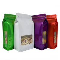 Sachet personnalisé en aluminium mat coloré à 8 soudures latérales, fond plat, avec fermeture éclair et fenêtre transparente pour l'emballage de snacks, noix et flocons d'avoine