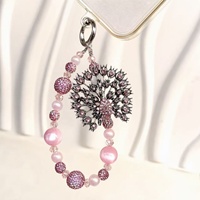 Dragonne de téléphone de luxe rose paon, perles, cristaux, strass, breloques, lanière, bijoux faits main, cadeau, vente en gros