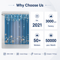 Tirai Mandi Biru Desain Berlian Berkilau dengan Tepi Bergelombang Dekoratif untuk Kamar Mandi Modern.