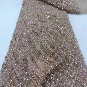 KJY330 Luxury French Beaded Lace 2024 Material Sequin With Beads Lace Fabric For Sewing Bridal Dresses