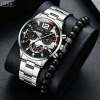 Jam Tangan Quartz Pria Multi Kronograf Polesan Halus Set Gelang Manik-Manik Tahan Air Tali Logam Paduan Kotak Hadiah Bisnis Olahraga