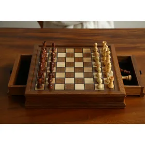 25 años de fábrica al por mayor 12,8 "x 12,8" juego de ajedrez magnético de madera con 2 cajones de almacenamiento integrados 2 ajedrez extra Queens Staunton