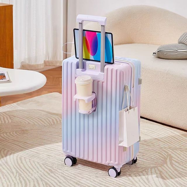 Multifunctional Gradient Suitcase Luggage with Cup Holder and Phone Stand USB Charging Port Travel Bags Hard Shell Trolley Case