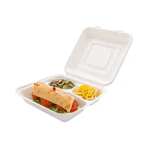 box 8 3 Suppliers-100% biodegradabile compostabile monouso a conchiglia 8 pollici canna da zucchero bagassa 3 compartimenti scatola per alimenti con coperchio