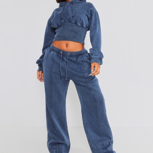 Customized Plus Size Women's Long Sleeve Washed Hooded Sweatshirt Hip Hop Streetwear Printed Pattern Waist Short Pullover <b>Sets</b> - Product Image 3