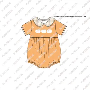 Personalizar otoño boutique niños ropa de punto de algodón bebé niño burbuja Peter Pan collar niños otoño mameluco con bordado de calabaza