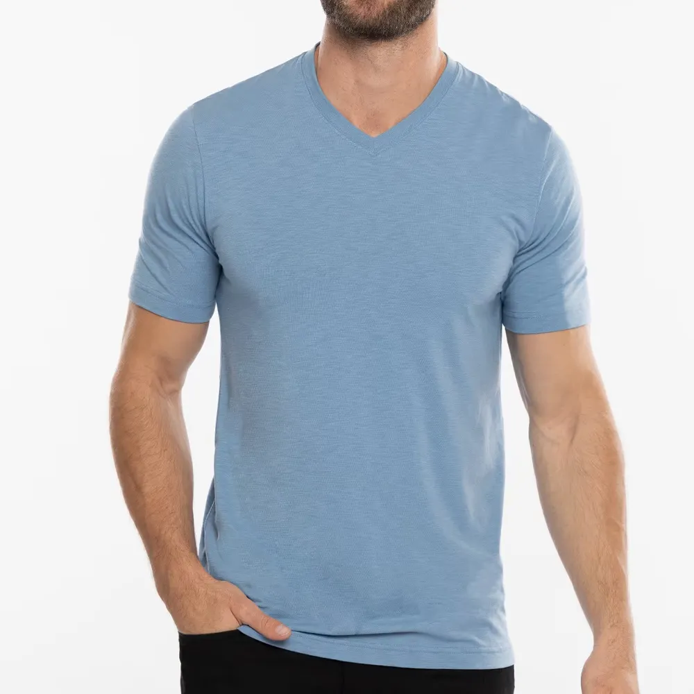Custom Logo Blank Plain Cotton Comfortable Slim Fit V Neck Short Sleeve T Shirts Men
