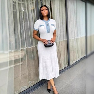 Robe moulante en maille fine à col rond avec franges en denim de style européen et américain, patchwork, boucle en métal, élastique, pour femmes - Product Image 3