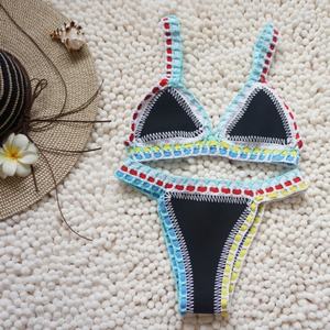 Conjunto de Bikini OEM de Dos Piezas, de Lujo, Cintura Alta, Color Negro Sólido, con Volantes, Espalda Descubierta, Tanga, Push-Up, Cristales, Secado Rápido, Personalizado - Product Image 1
