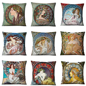 Housse de coussin vintage <span class=keywords><strong>Art</strong></span> <span class=keywords><strong>Nouveau</strong></span> européen Mucha Gallery, belle fille, coussin en lin, coussin décoratif pour la maison - Product Image 2