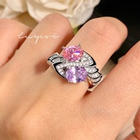 Vente directe, bague de luxe pour femme, style rétro français, avec deux pierres en diamant rose et violet, bijou coloré de luxe léger