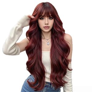 Nouvelle <span class=keywords><strong>perruque</strong></span> complète pour femme, cheveux longs bouclés bordeaux, grandes ondulations, simulation naturelle, style Ruili, peut être teinte, fabriquée à la machine, pour l'exportation - Product Image 4