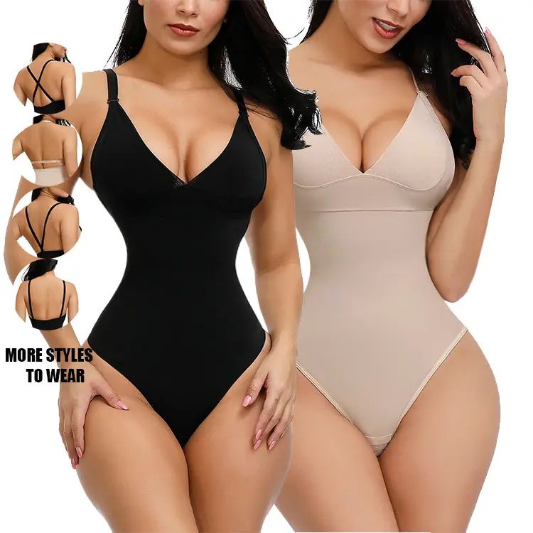 Toptan kadınlar seksi v yaka ince Strappy Bodysuit Backless tanga bel eğitmen zayıflama iç çamaşırı dikişsiz Push Up vücut şekillendirici